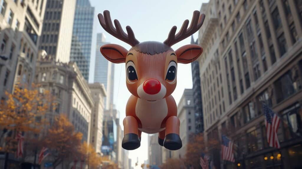 Giant Rudolph balloon floating in the Macy's Thanksgiving Day Parade. Rudolph's association with the parade.