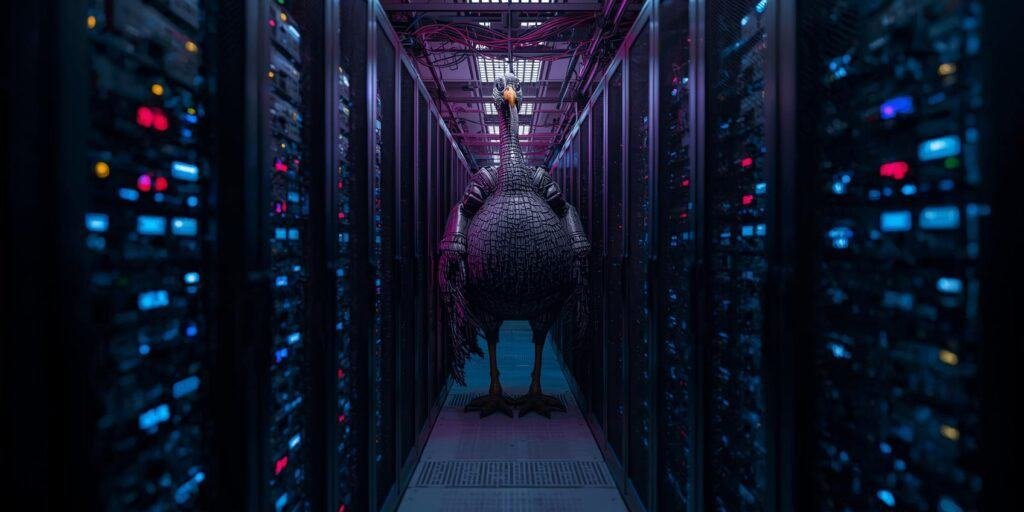 A humorous Thanksgiving-themed image showing a large turkey standing inside a glowing blue and purple server room, surrounded by data racks and cables.