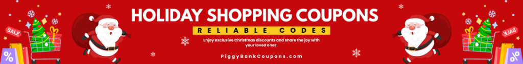 Holiday shopping coupons banner with Santa, gift cart, and discount icons