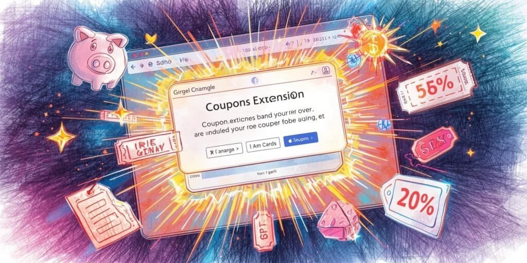 Colorful illustrated browser window with a coupon extension pop-up and discount graphics.