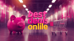 A bright pink piggy bank next to a small shopping cart under fluorescent lights with the phrase “best deals online” in large pink and yellow letters.