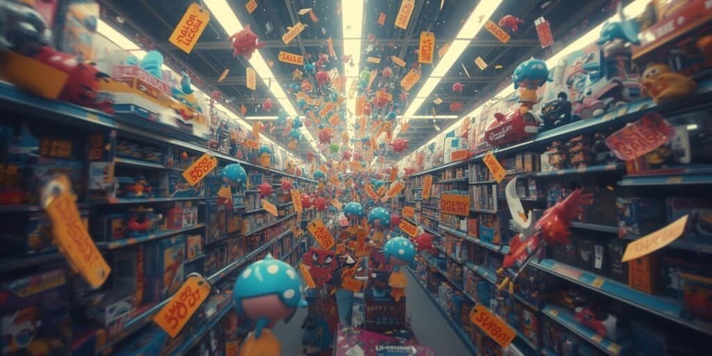 Crowded toy store aisle filled with sale signs, discounts, and promotional tags