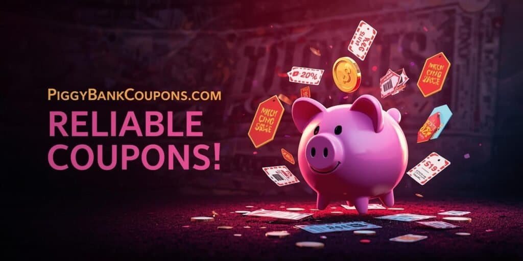 PiggyBankCoupons.com banner with pink piggy bank and floating discount tags

Caption: