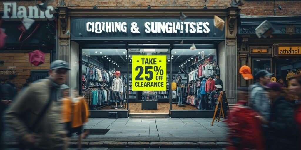 Clothing and accessories store with 25% off clearance sign in front window