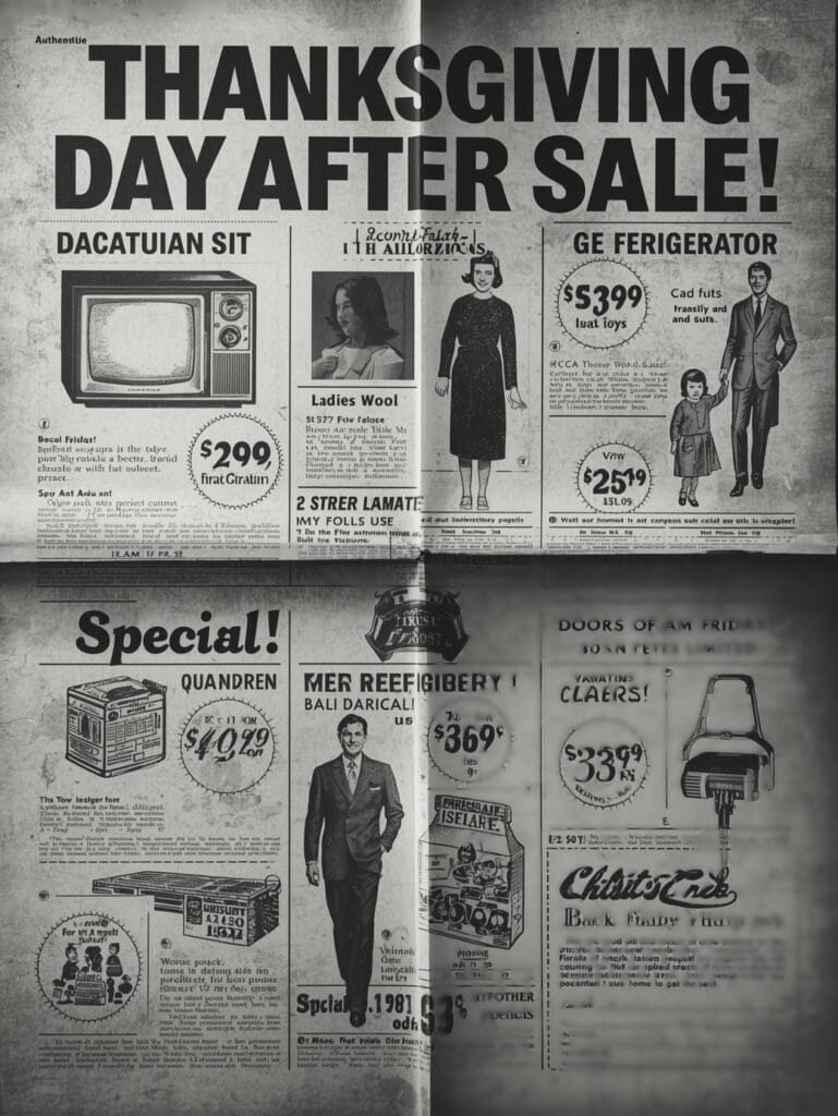 Mid-century Thanksgiving weekend sale newspaper page with vintage drawings of TVs, refrigerators, coats, and men’s suits.