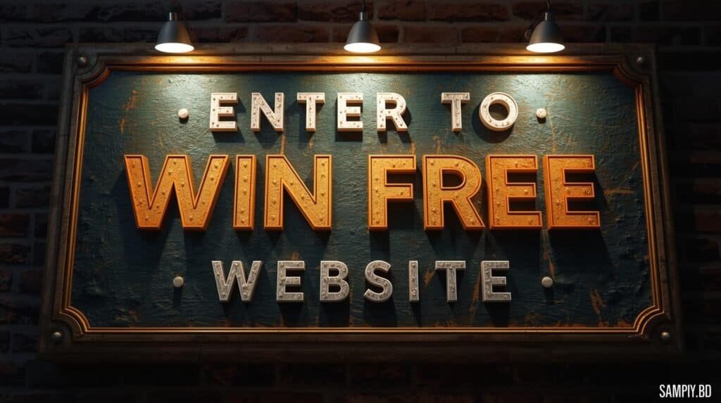 Vintage illuminated sign on a brick wall displaying the message “Enter to Win Free Website” with bold 3D lettering and warm spotlight lighting.