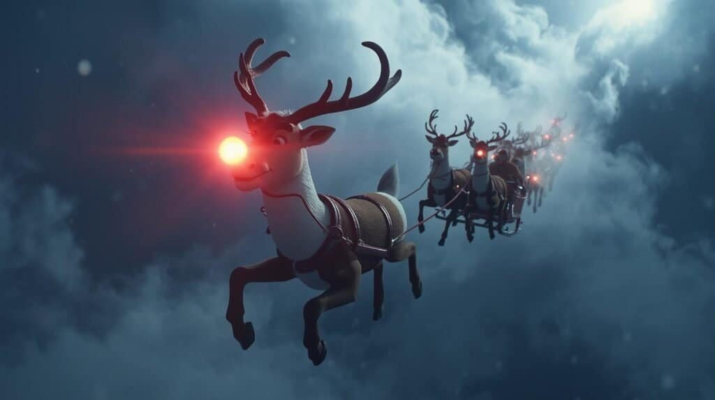 Cinematic 3D rendering of the 1964 Rankin/Bass stop-motion Rudolph the Red-Nosed Reindeer flying through the fog.