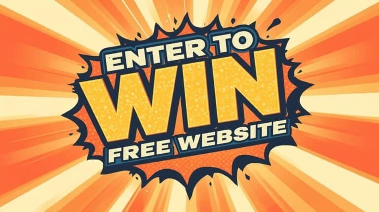 Bright comic-style orange and yellow burst graphic with large bold text that says “Enter to Win Free Website,” designed to promote a website giveaway contest.