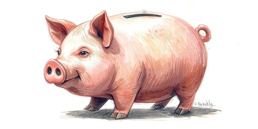 Sketch-style piggy bank illustration with soft pink shading.
