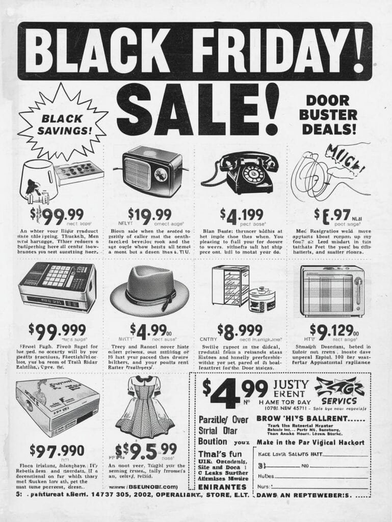 Old newspaper-style Black Friday sale flyer with retro drawings of clothing, appliances, and toys.