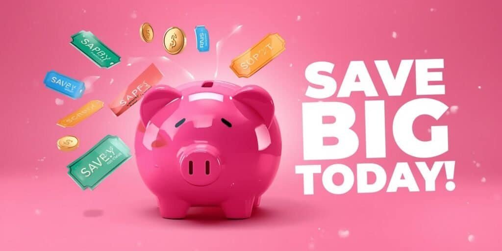 Glossy pink piggy bank with floating coupons and coins on a bright pink background next to bold “Save Big Today!” text.