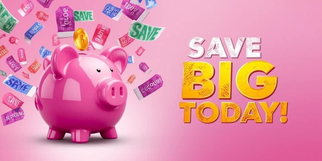 Pink piggy bank surrounded by colorful savings coupons with bold “Save Big Today” text on a bright pink background.